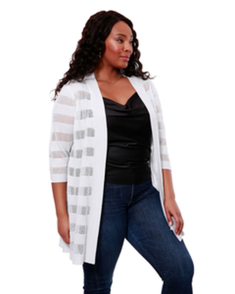 Front of a model wearing a size 1X Mesh Striped Cardigan in WHITE/SILVER by Belldini Black Label. | dia_product_style_image_id:246191